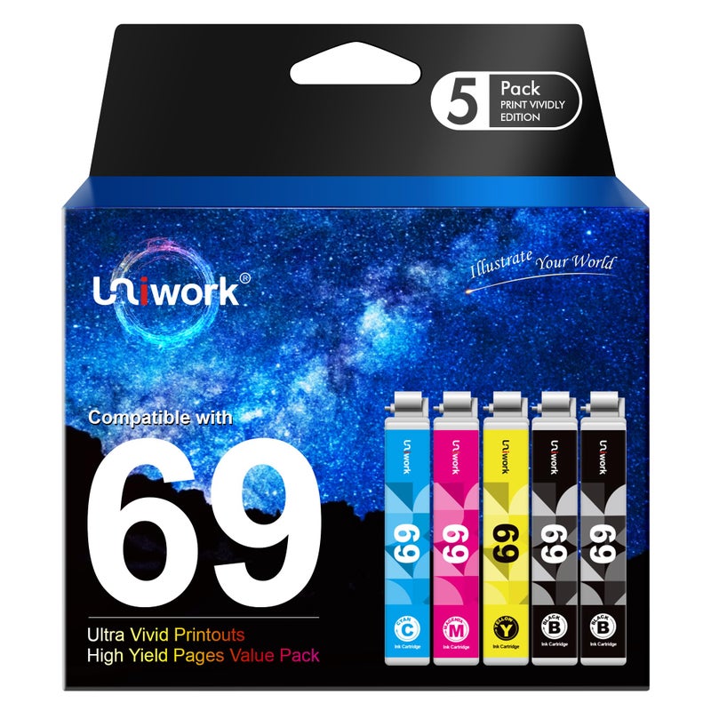 Uniwork Remanufactured Ink Cartridge Replacement for Epson 69 use for Stylus CX6000 CX8400 NX400 NX410 NX415 NX515 Workforce 600 610 615 1100 Printer Tray, 5 Pack